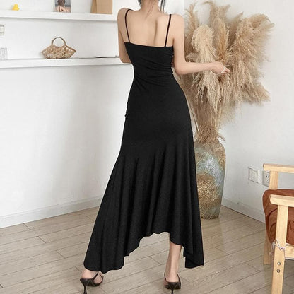 BerryBetty - Slit v neck solid irregular ruched cami maxi dress