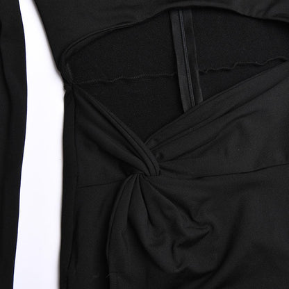 BerryBetty - Long sleeve solid hollow out ruched slit knotted midi dress
