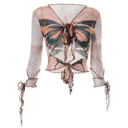 BerryBetty - Butterfly print sheer mesh see through long sleeve ruffle self tie crop top