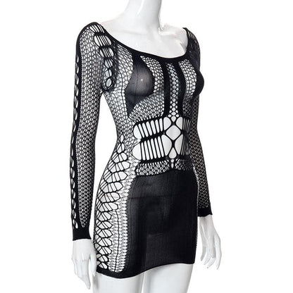 BerryBetty - Fishnet long sleeve hollow out see through mini dress