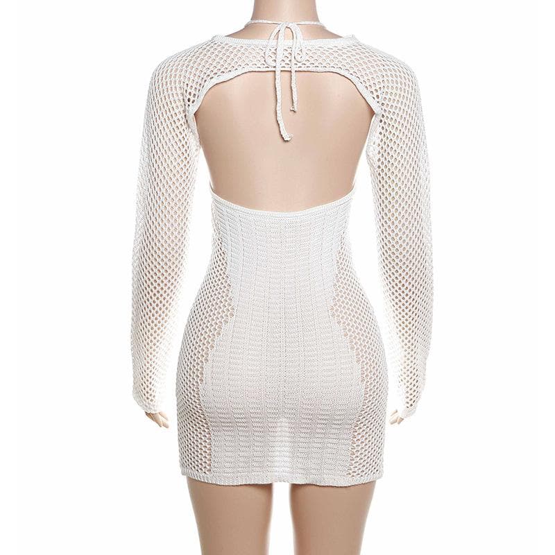 BerryBetty - Fishnet hollow out solid long sleeve backless shrug mini dress