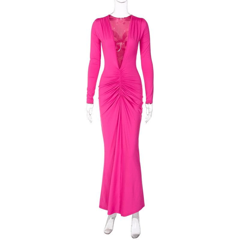 BerryBetty - Ruched long sleeve v neck solid 2-way maxi dress