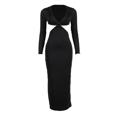 BerryBetty - Solid o ring long sleeve v neck hollow out maxi dress