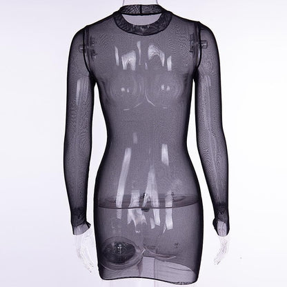 BerryBetty - Sheer mesh see through solid long sleeve mini bodycon dress