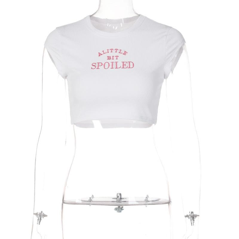 BerryBetty - ���SPOILED��� embroidery contrast crewneck cap sleeve crop top