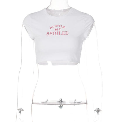 BerryBetty - ���SPOILED��� embroidery contrast crewneck cap sleeve crop top