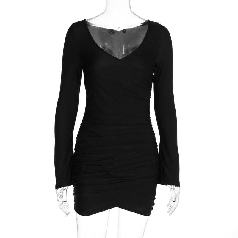 BerryBetty - Ruched solid long sleeve v neck mini dress