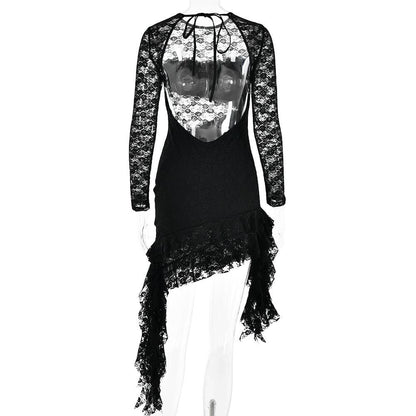 BerryBetty - Lace backless solid ruffle long sleeve irregular mini dress