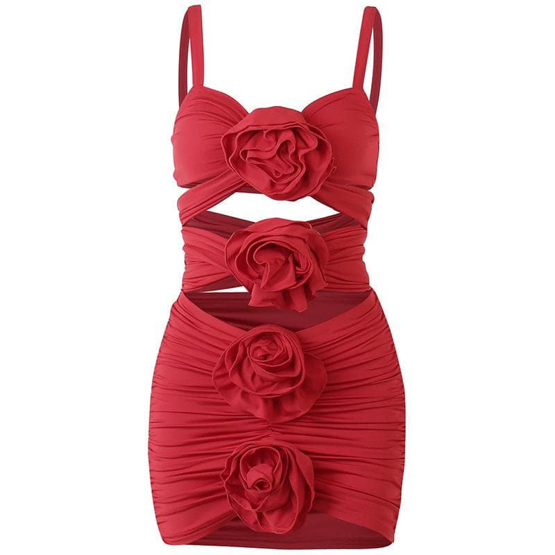 BerryBetty - Solid ruched hollow out flower applique backless mini dress