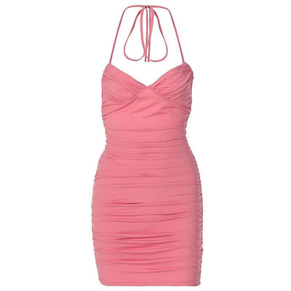 BerryBetty - Sleeveless solid halter ruched backless self tie mini dress