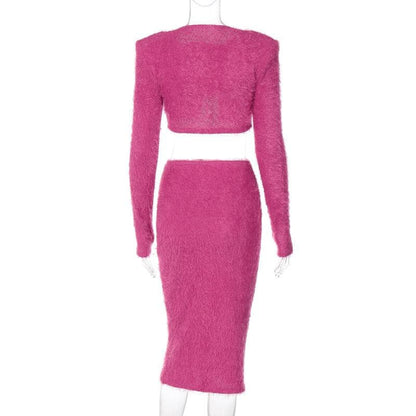 BerryBetty - Textured button long sleeve gloves midi skirt set