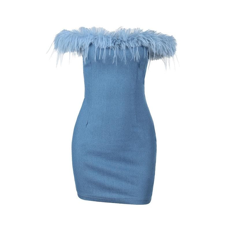 BerryBetty - Feather off shoulder solid backless zip-up denim mini dress