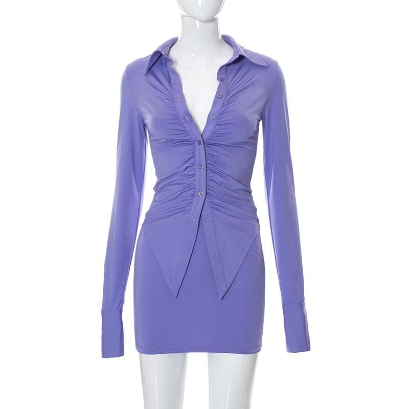 BerryBetty - Turnover collar ruched button long sleeve solid mini skirt set