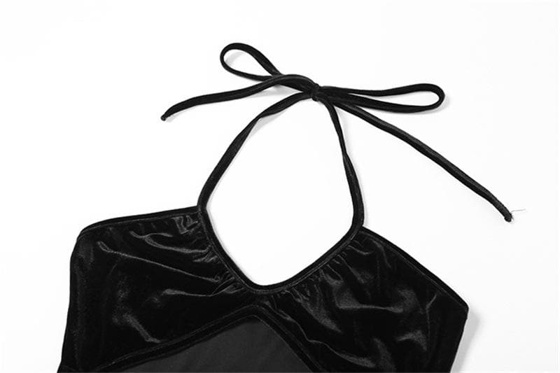 BerryBetty - Halter velvet solid drawstring hollow out backless mini dress