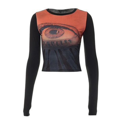 BerryBetty - Long sleeve abstract contrast round neck crop top