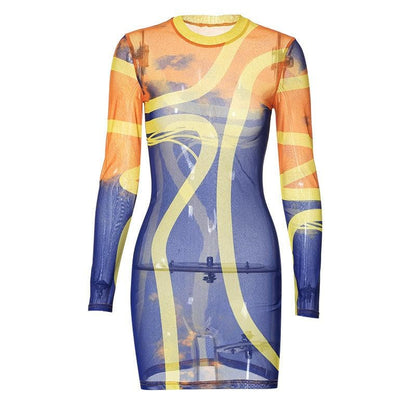 BerryBetty - Sheer mesh see through long sleeve contrast crewneck mini dress