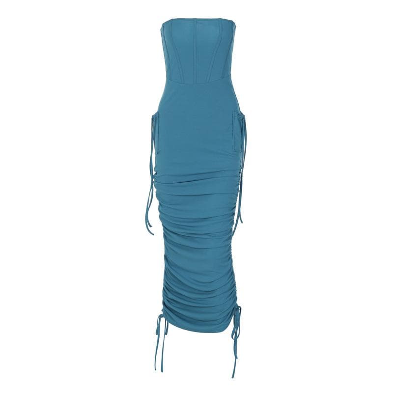 BerryBetty - Ruched backless solid drawstring tube midi dress