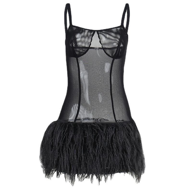 BerryBetty - Mesh see through feather sleeveless backless mini dress