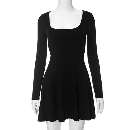 BerryBetty - Square neck long sleeve solid lace up 2-way mini dress