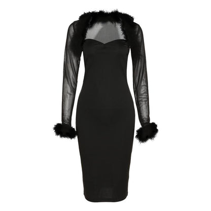 BerryBetty - Feather solid mesh long sleeve 2 piece tube midi dress