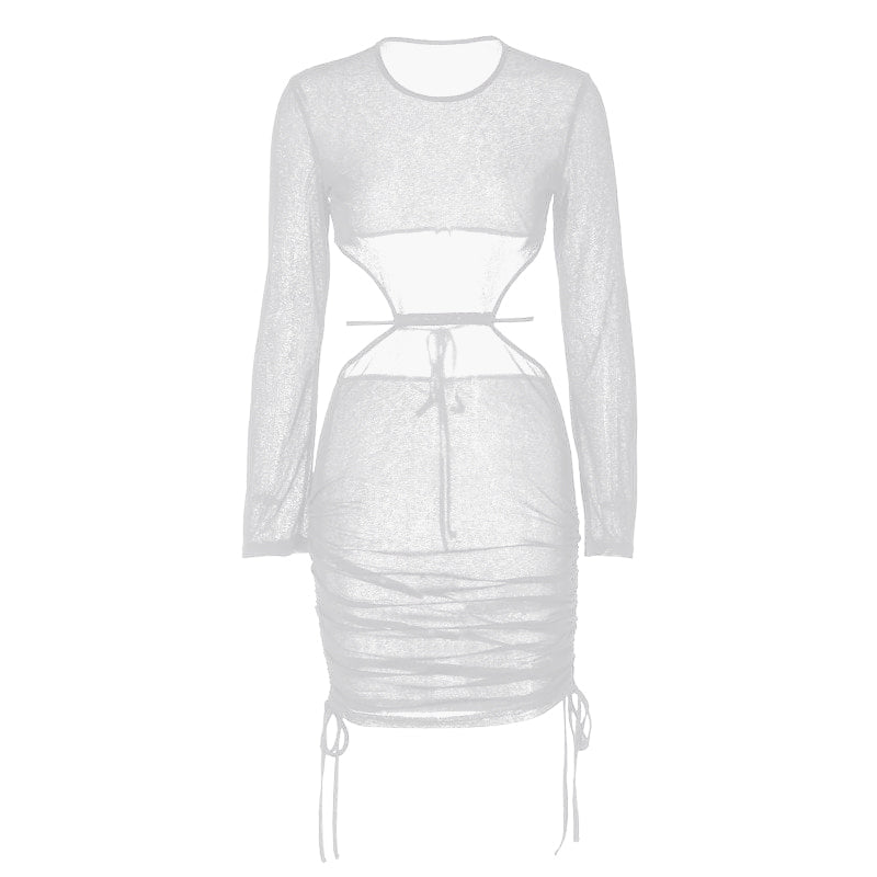BerryBetty - See through long sleeve ruched open back drawstring dress