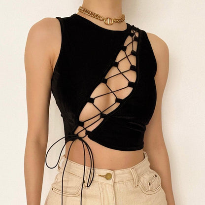 BerryBetty - Crewneck lace up sleeveless ribbed crop top