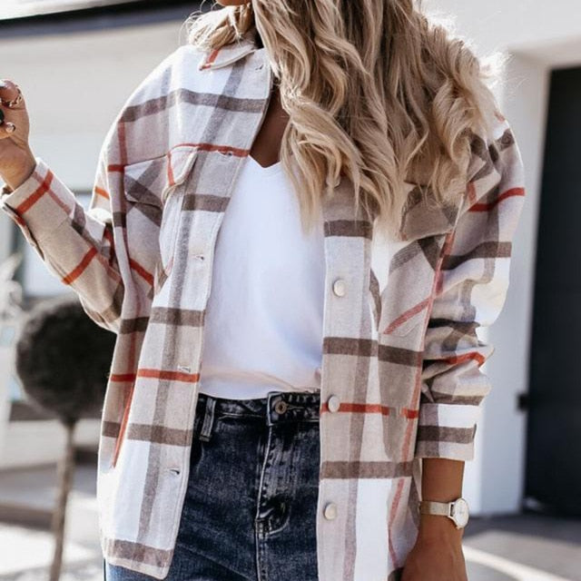 BerryBetty - Shirts For Women Plaid Long Sleeve Button Up Shirt Collared Tops And Blouse Autumn Spring Fashion Loose Casual Black White