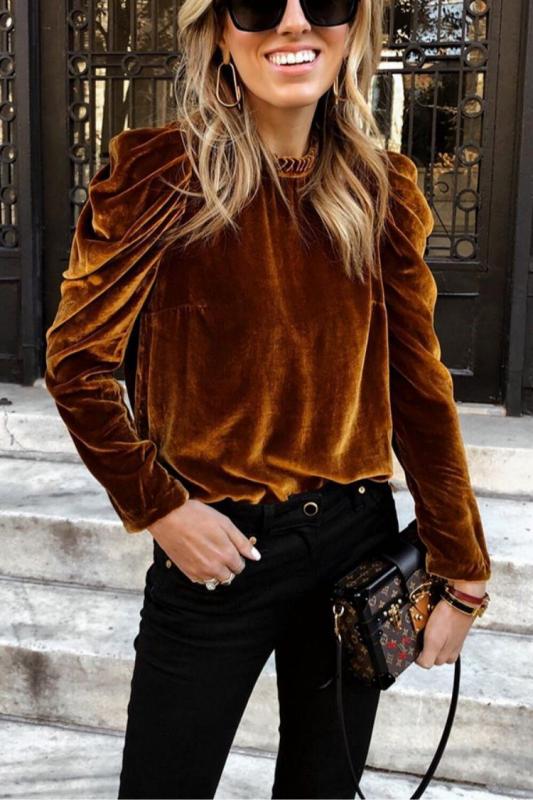 Women's velvet puff long sleeve temperament top Brown clothes long sleeve shirt long sleeve shirts long sleeve top long sleeve tops shirt shirts tops