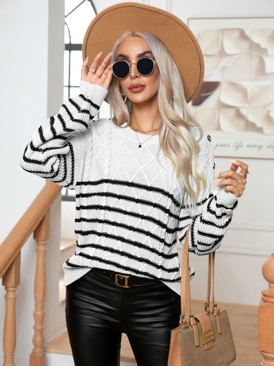 Women's Casual Button Striped Long Sleeve Pullover Sweater Cracker khaki clothes long sleeve shirt long sleeve shirts long sleeve top long sleeve tops Sweater sweaters