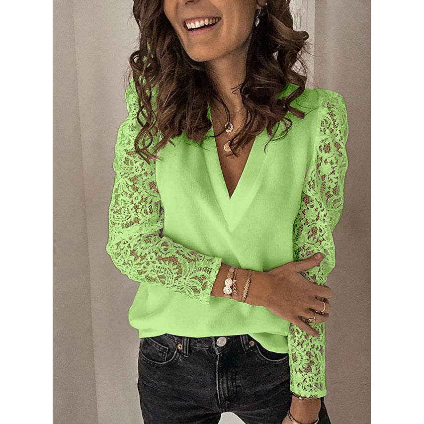 Women's Long Sleeve Lace Patchwork V Neck Top Green __stock:200 clothes refund_fee:1200 tops