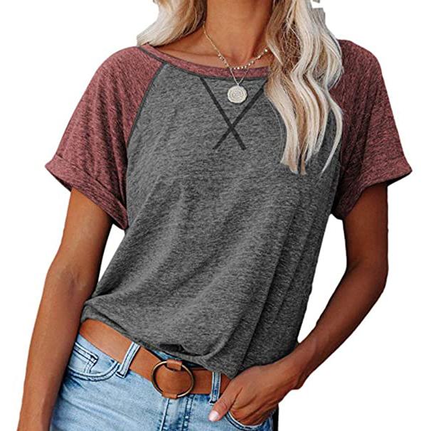 Women's Short Sleeve Raglan Crewneck T Shirts Gray/Wine __stock:200 clothes refund_fee:800 tops