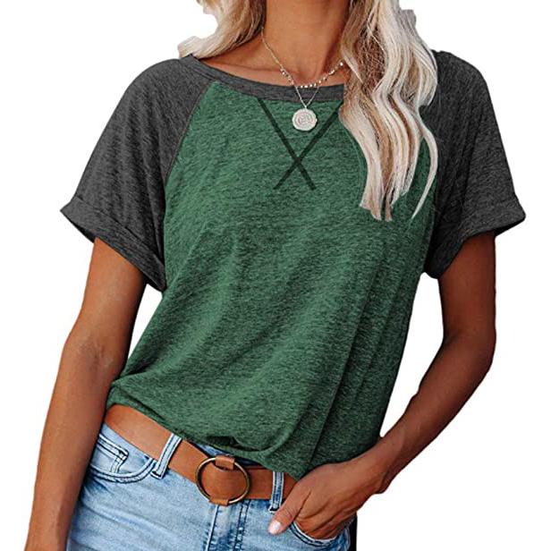 Women's Short Sleeve Raglan Crewneck T Shirts Green/Gray __stock:200 clothes refund_fee:800 tops