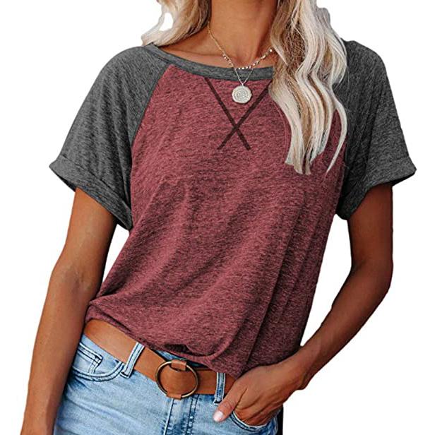 Women's Short Sleeve Raglan Crewneck T Shirts Wine/Gray __stock:200 clothes refund_fee:800 tops