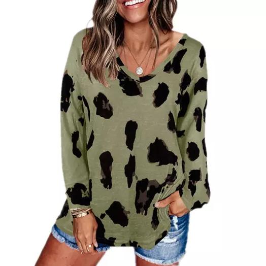 Women's V-Neck Leopard Print Inspired Top Green __stock:500 clothes refund_fee:800 tops