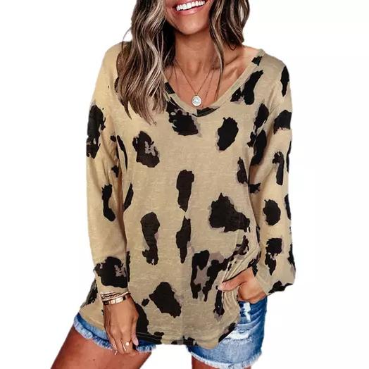 Women's V-Neck Leopard Print Inspired Top Khaki __stock:500 clothes refund_fee:800 tops