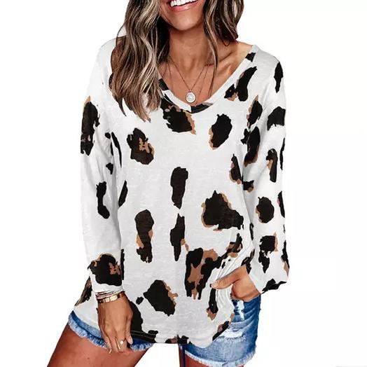 Women's V-Neck Leopard Print Inspired Top White __stock:500 clothes refund_fee:800 tops