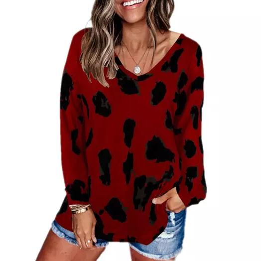 Women's V-Neck Leopard Print Inspired Top Wine __stock:500 clothes refund_fee:800 tops